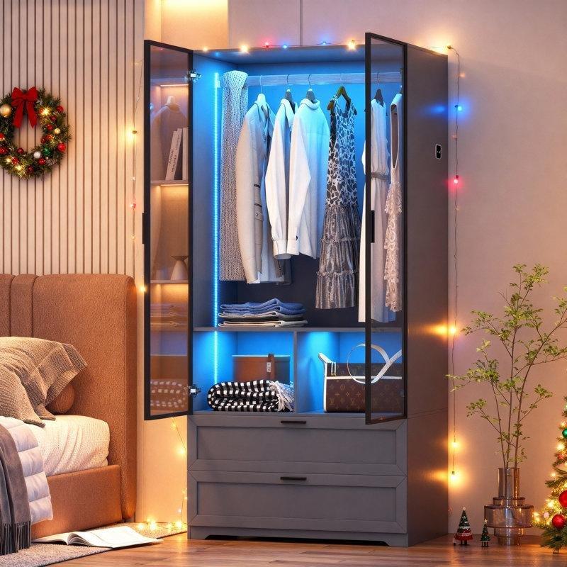 Endüstriyel Ahşap Şeffaf Camlı İnsan Sensörlü Işıklı Gardrop 179 cm - 91168