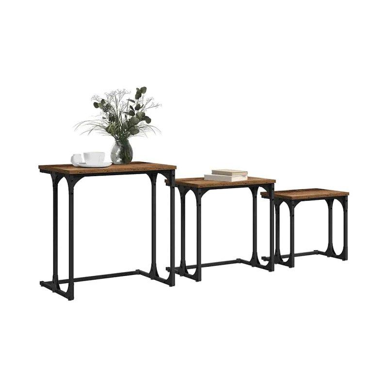 Endüstriyel Ahşap Üçlü Zigon Sehpa 51 x 35 x 53 cm Siyah Metal Ayaklı - 106210