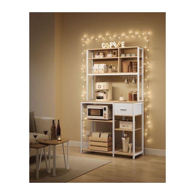 Endüstriyel Ahşap ve Beyaz Metal Kahve Köşesi 40x100x180 cm Çok İşlevli Mutfak Rafı - 100134