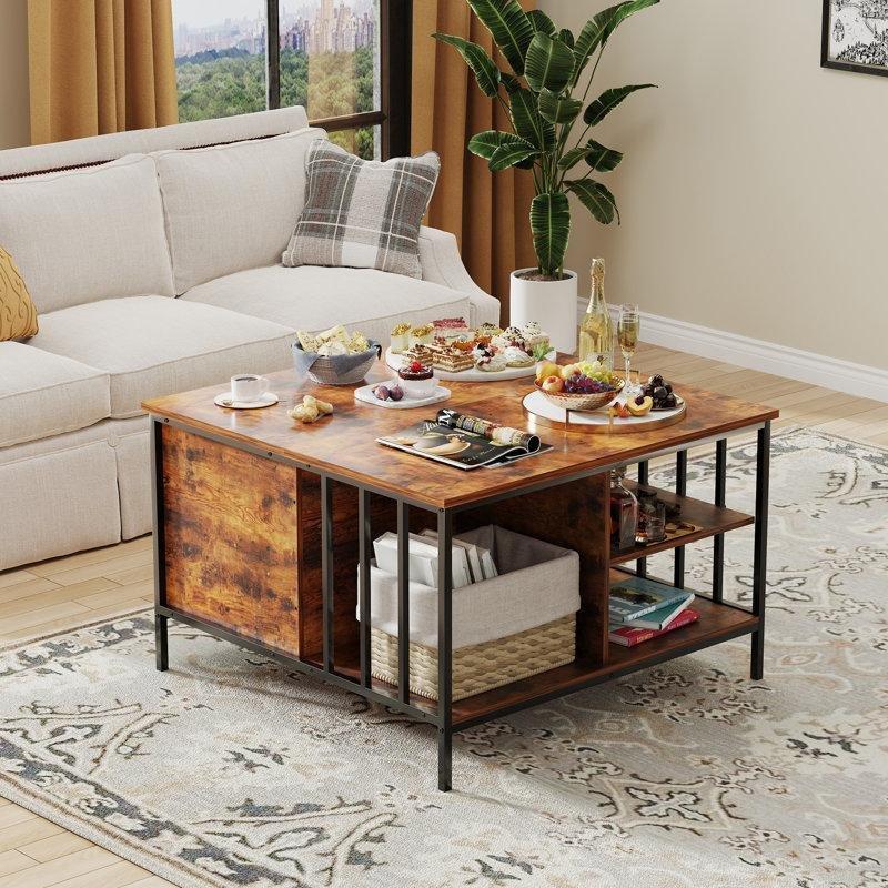 Endüstriyel Ahşap ve Çelik Akıllı Sehpa 80x80x52 cm - Kaldırılabilir Üst ve Gizli Depolama Bölmesi - 101217