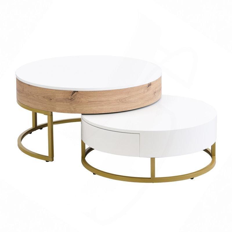 Endüstriyel Ahşap ve Gold Metal Ayaklı Yuvarlak Pistonlu Akıllı Sehpa 80 cm - 101028