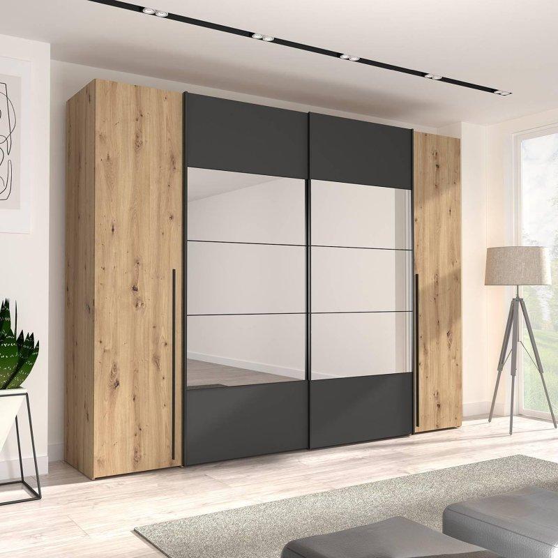 Endüstriyel Ahşap ve Siyah Metal Detaylı 4 Kapılı Aynalı Gardrop 270x210x61 cm - 90775