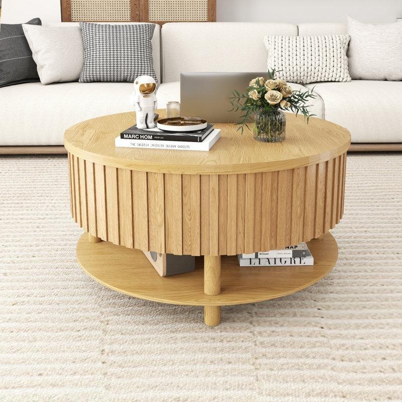 Endüstriyel Ahşap Yuvarlak Açılır Akıllı Sehpa 80 cm - 101019