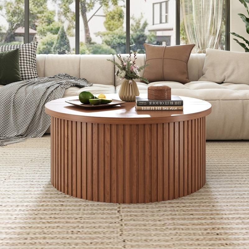 Endüstriyel Ahşap Yuvarlak Açılır Akıllı Sehpa 87 cm, Depolama Alanı ve Yivli Panel Tasarımı ile - 101031