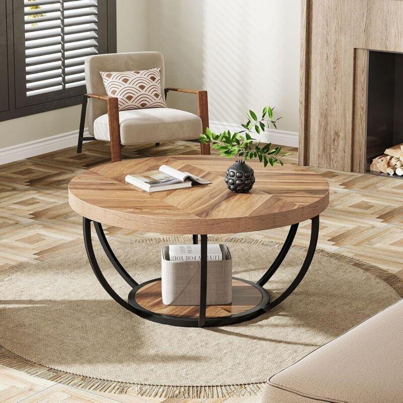 Endüstriyel Ahşap Yuvarlak Orta Sehpa 80 cm Metal Ayaklı 2 Raflı - 103157