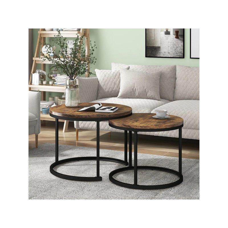 Endüstriyel Ceviz Rengi 2'li Yuvarlak Orta Sehpa 71x71 cm - 102270