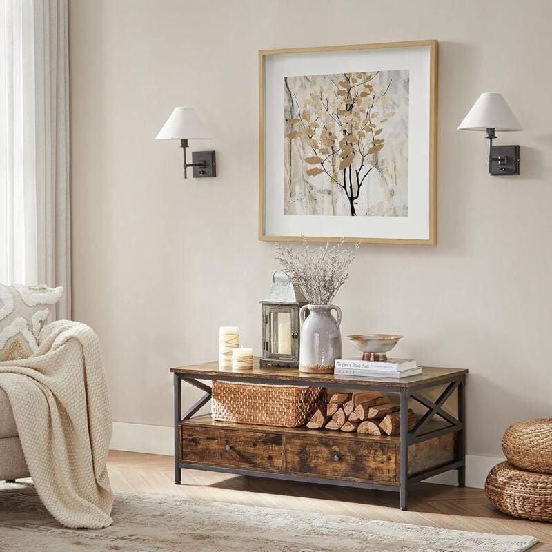 Endüstriyel tasarım ahşap orta sehpa 100x55x45 cm, kahverengi rustik ve siyah çelikli - 103539