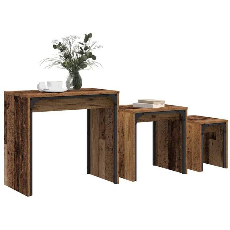 Eskitme Kahverengi Zigon Sehpa 60 x 35 x 56 cm Üçlü Set - 107209