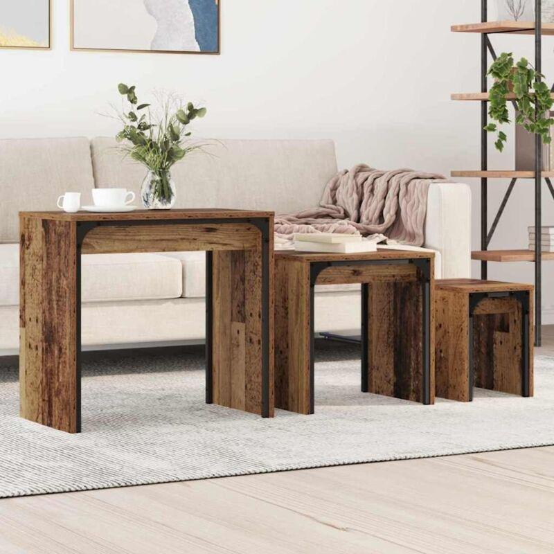 Eskitme Kahverengi Zigon Sehpa 60 x 35 x 56 cm Üçlü Set - 107209