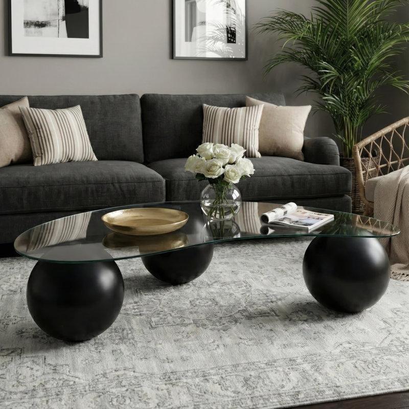 Fasulye Şeklinde Cam Üstlü Top Ayaklı Orta Sehpa 115x60 cm - 106015
