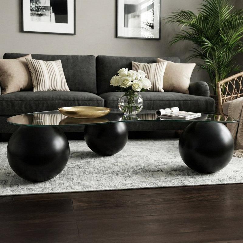 Fasulye Şeklinde Cam Üstlü Top Ayaklı Orta Sehpa 115x60 cm - 106015