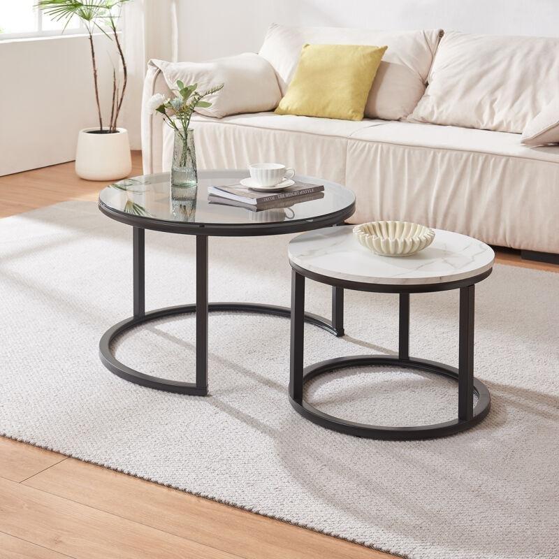 Füme Cam ve Mermer Desenli Zigon Sehpa İkili Set 70 cm - 107121