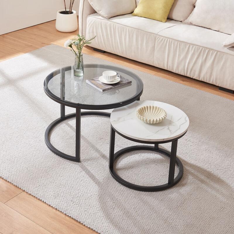 Füme Cam ve Mermer Desenli Zigon Sehpa İkili Set 70 cm - 107121