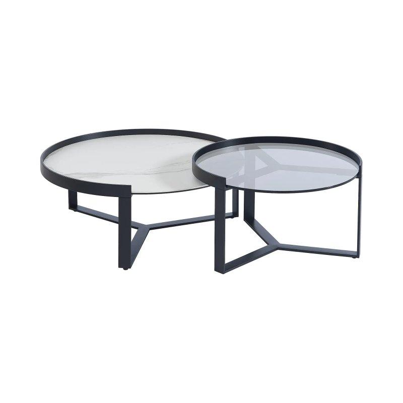 Füme Cam ve Seramik İkili Orta Sehpa 90x90 cm Beyaz Siyah Mermer Desenli - 102051