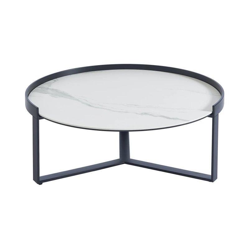 Füme Cam ve Seramik İkili Orta Sehpa 90x90 cm Beyaz Siyah Mermer Desenli - 102051