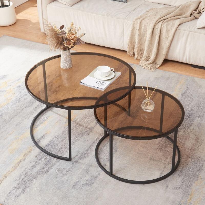 Füme Cam Zigon Sehpa 60-80 cm Kahverengi Siyah Metal Ayaklı 2'li Set - 107243