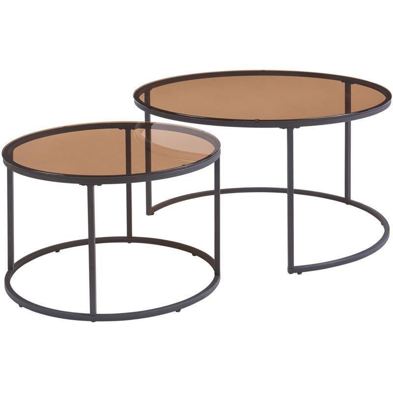 Füme Cam Zigon Sehpa 60-80 cm Kahverengi Siyah Metal Ayaklı 2'li Set - 107243