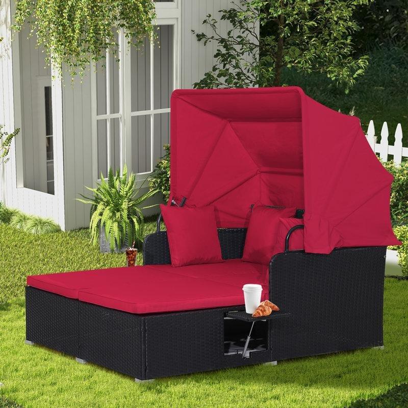 Geri Çekilebilir Tenteli Çift Kişilik Rattan Dinlenme Koltuğu-149 x 165 x 154 cm - 109478