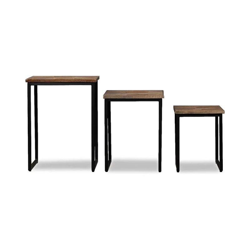 Geri Dönüştürülmüş Masif Teak Ahşap Siyah Metal Ayaklı Üçlü Zigon Sehpa 45x31x60 cm - 106138