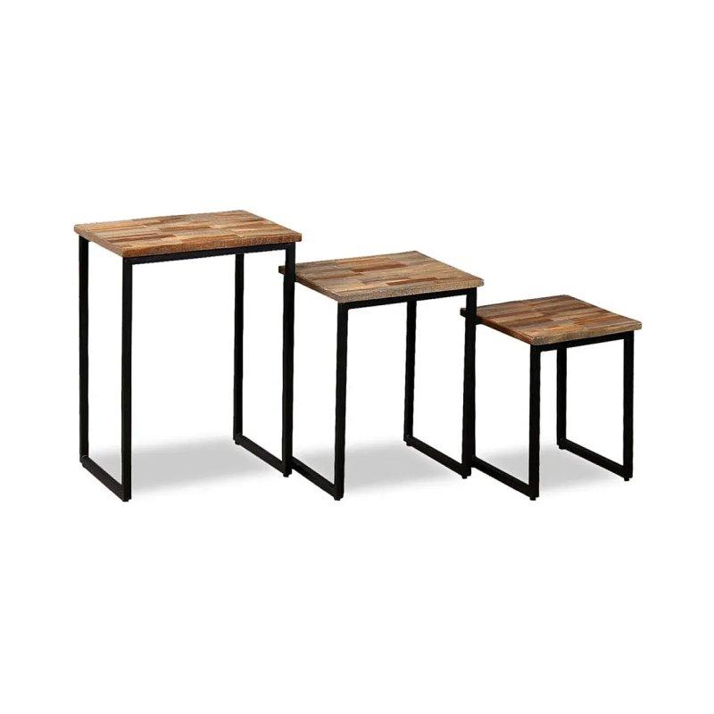 Geri Dönüştürülmüş Masif Teak Ahşap Siyah Metal Ayaklı Üçlü Zigon Sehpa 45x31x60 cm - 106138