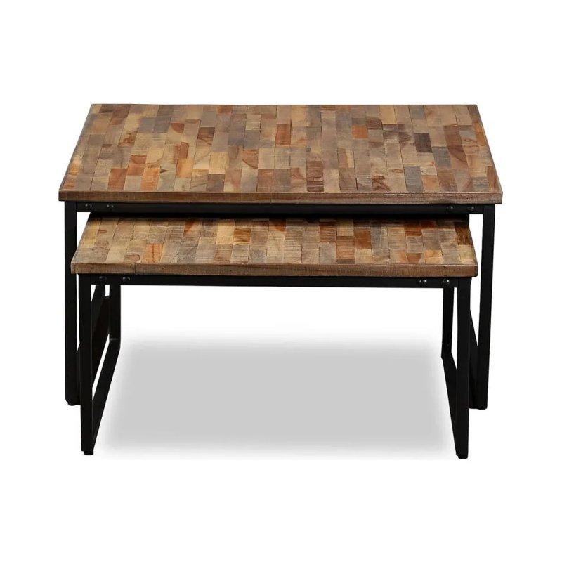 Geri Dönüştürülmüş Masif Tekli Ahşap Metal Ayaklı Kare Zigon Sehpa 2'li Set 75x75x39 cm - 106558