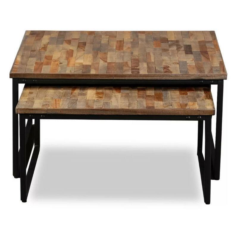 Geri Dönüştürülmüş Tik Zigon Sehpa 75x65 cm Siyah Metal Ayaklı İkili Set - 106948