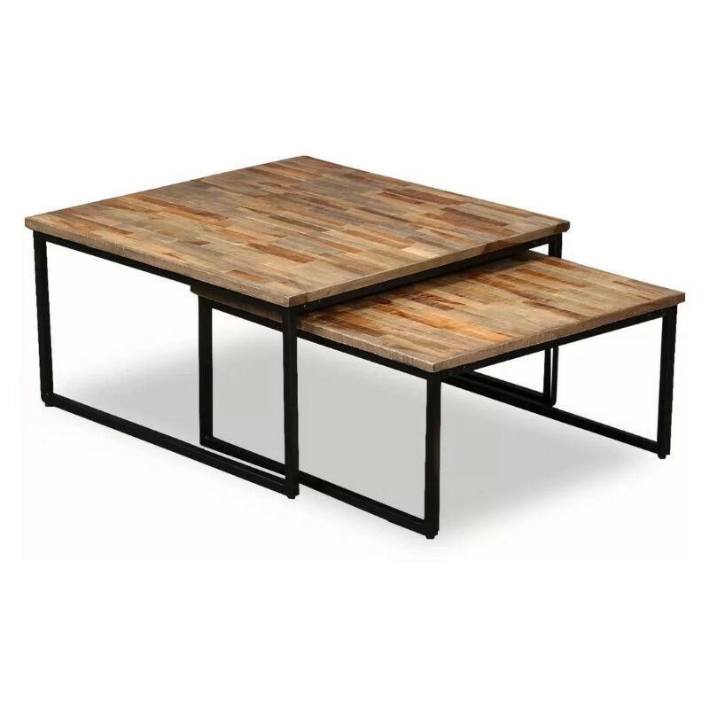 Geri Dönüştürülmüş Tik Zigon Sehpa 75x65 cm Siyah Metal Ayaklı İkili Set - 106948