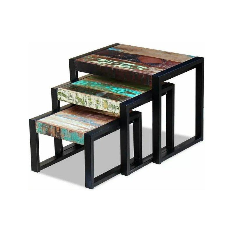 Geri Dönüşüm Ahşap Üçlü Zigon Sehpa Metal Ayaklı 60x48x41 cm - 106375