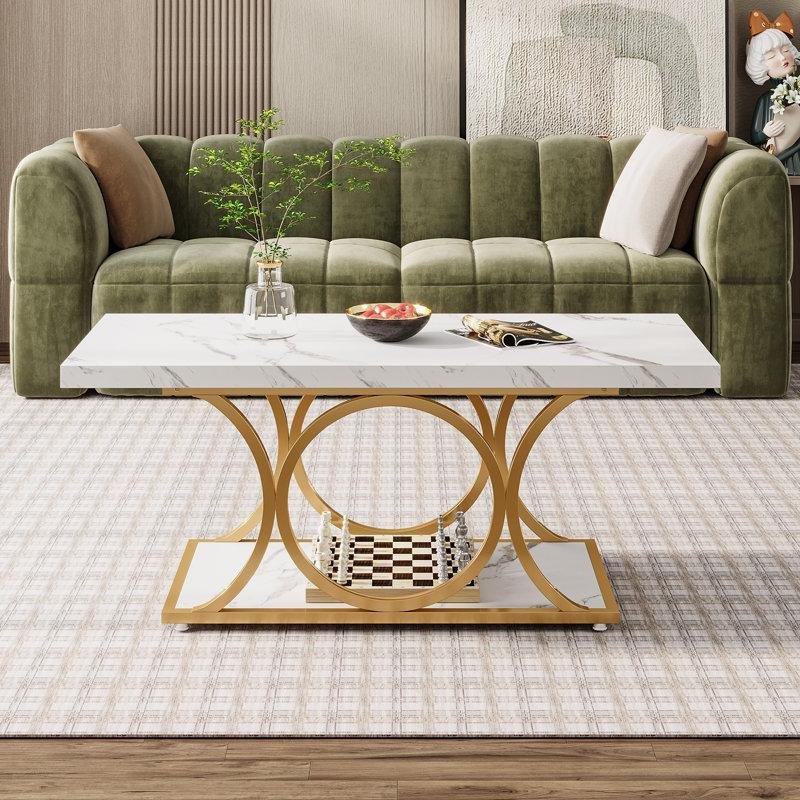 Gold Ayaklı Beyaz Mermer Görünümlü Dikdörtgen Orta Sehpa 120x57x48 cm - 105151