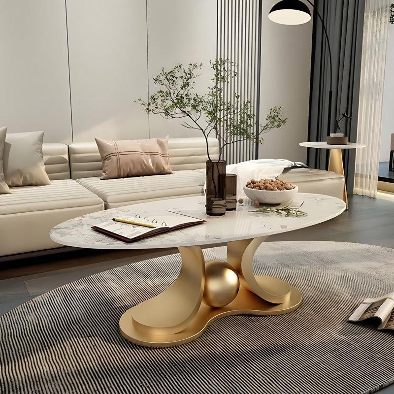 Gold Ayaklı Oval Orta Sehpa Yapay Mermer Üstü 130x70x45 cm - 105031