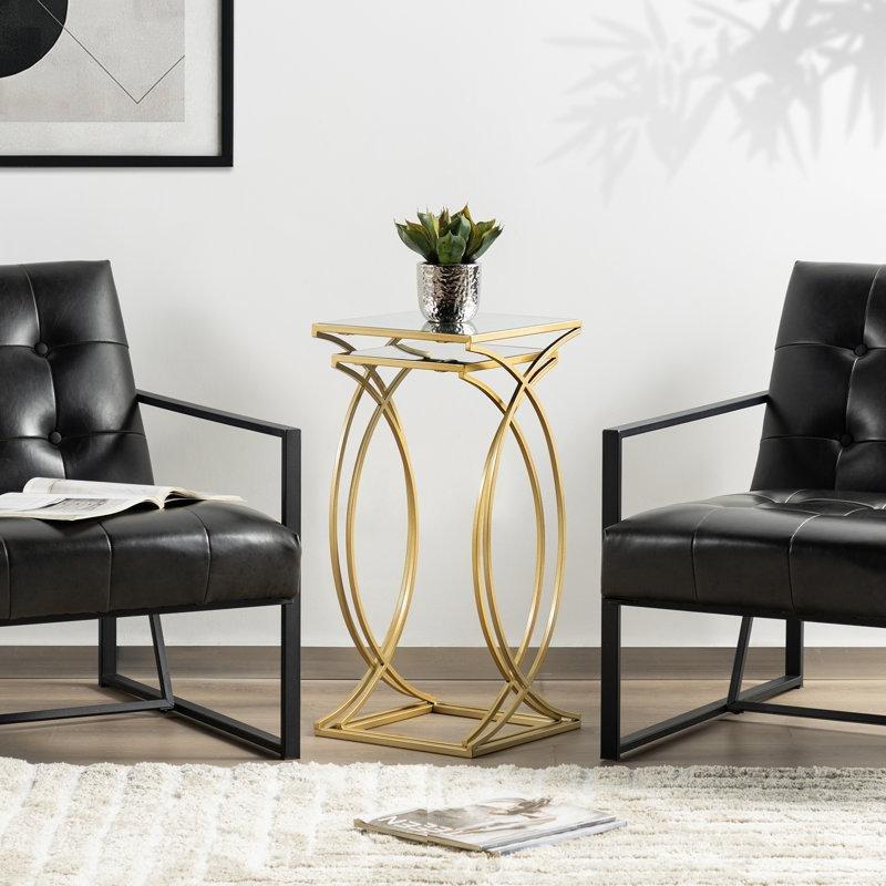 Gold Çelik Aynalı Cam Tablalı İç İçe Geçebilen Ferforje Yan Sehpa-70x32x32 cm - 112815