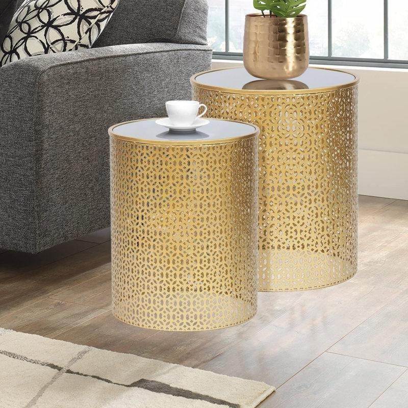 Gold Ferforje Yuvarlak Zigon Sehpa İkili Set 42 cm - 108196