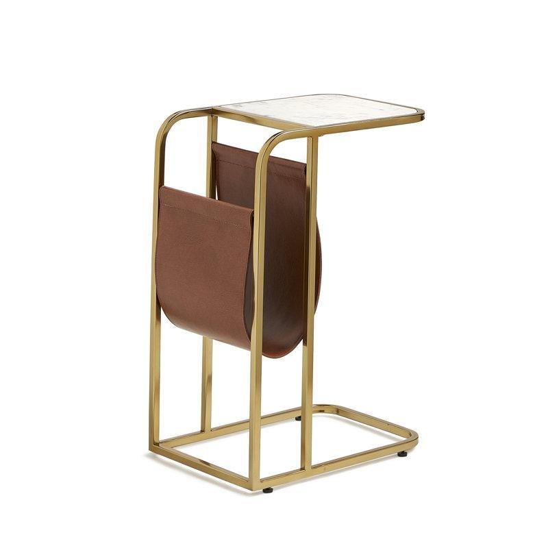 Gold Kahverengi Pirinç Deri Kılıflı Pirinç Yan Sehpa-61x41x31 cm - 113115