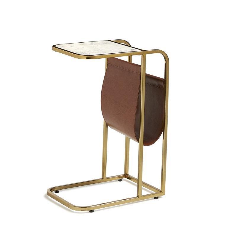 Gold Kahverengi Pirinç Deri Kılıflı Pirinç Yan Sehpa-61x41x31 cm - 113115