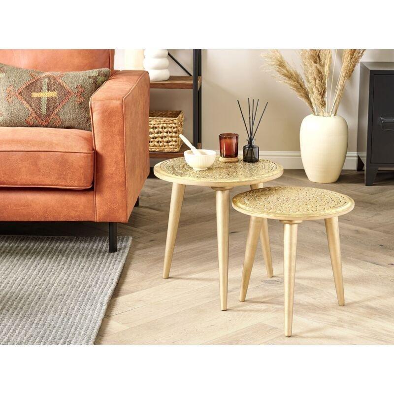 Gold Mango Ağacı El İşçiliği Bitki Motifli Zigon Yan Sehpa-46x46x45 cm - 111841