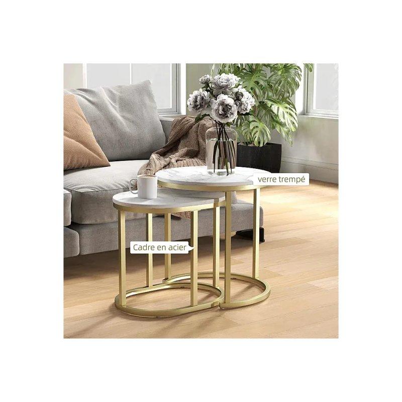 Gold Metal Ayaklı Mermer Desenli Beyaz 2'li Zigon Sehpa 50x50 cm - 106573