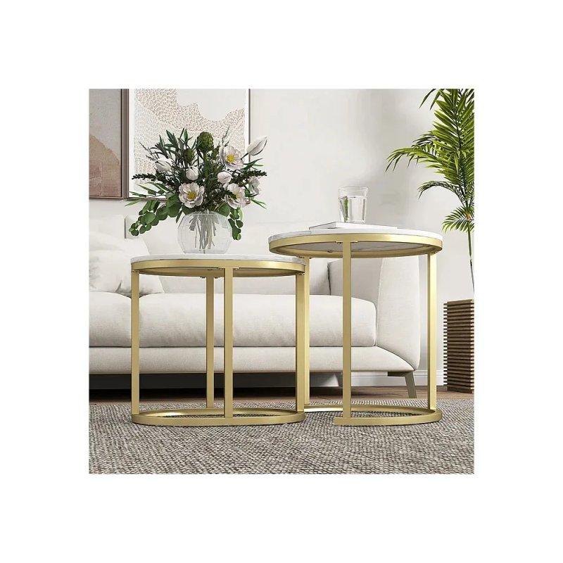 Gold Metal Ayaklı Mermer Desenli Beyaz 2'li Zigon Sehpa 50x50 cm - 106573