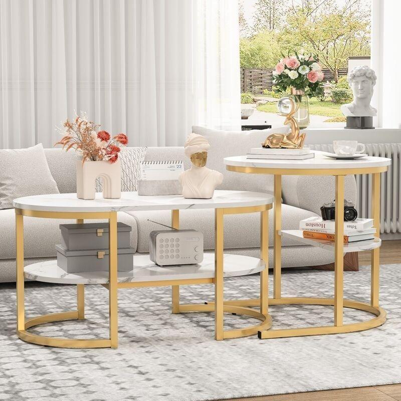 Gold Metal Ayaklı Mermer Desenli İkili Zigon Sehpa 80x46x41 cm - 107398