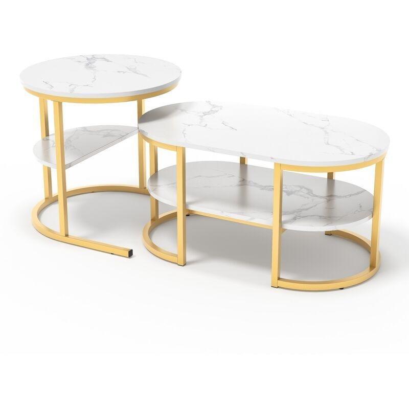 Gold Metal Ayaklı Mermer Desenli İkili Zigon Sehpa 80x46x41 cm - 107398