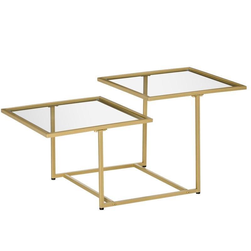 Gold Metal Çerçeveli İki Seviyeli Cam Orta Sehpa 110x55x46 cm - 105004