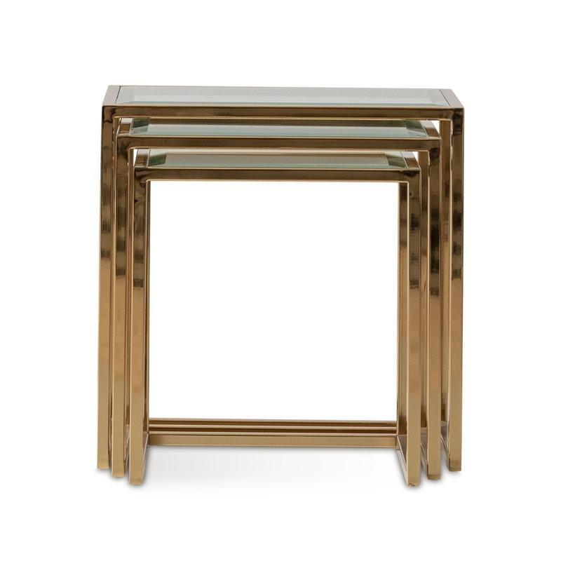 Gold Metal Çerçeveli Şeffaf Camlı Üçlü Zigon Sehpa 54x43x55 cm - 108895