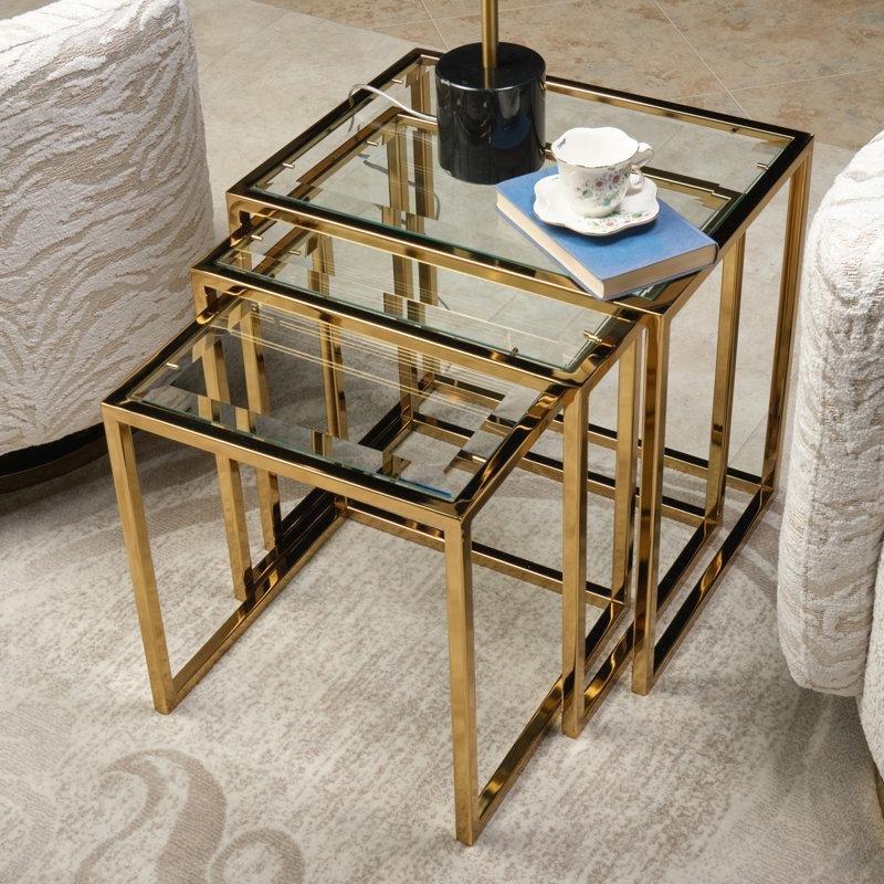 Gold Metal Çerçeveli Şeffaf Camlı Üçlü Zigon Sehpa 54x43x55 cm - 108895