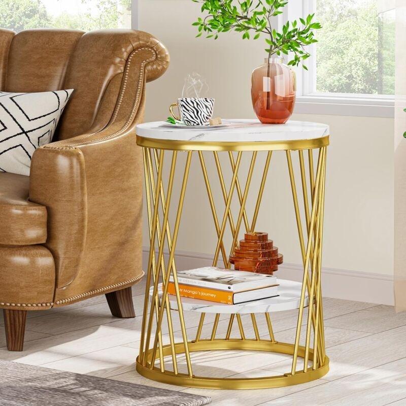Gold Metal İki Katlı Raflı Yan Sehpa-45x45x59 cm - 111670
