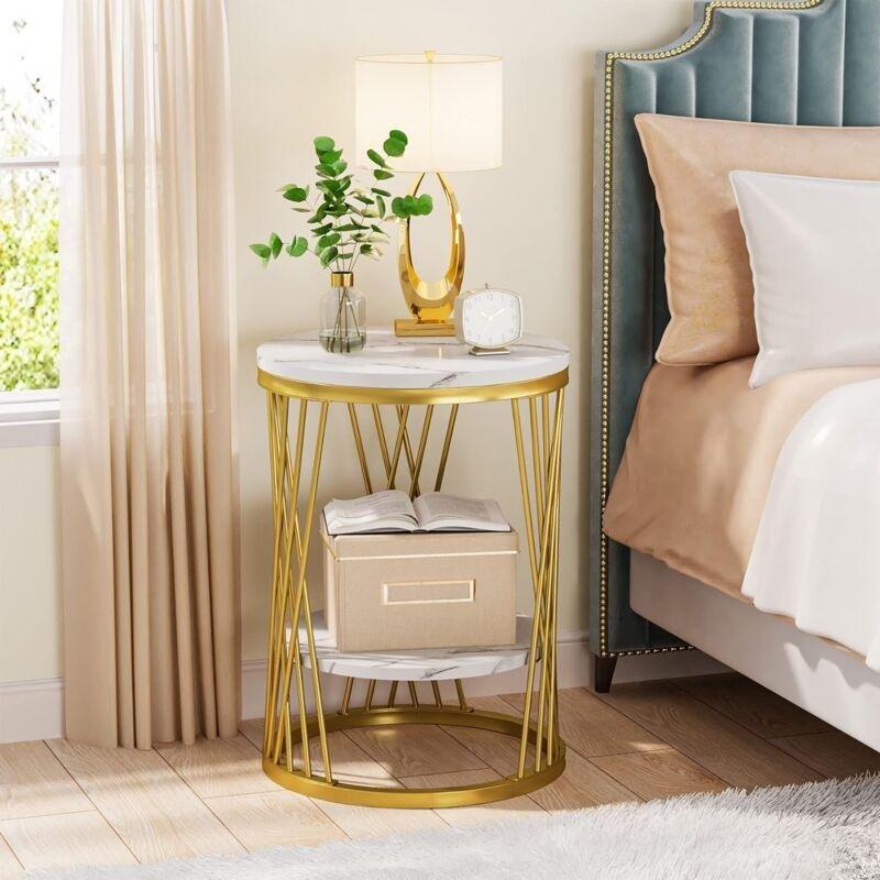Gold Metal İki Katlı Raflı Yan Sehpa-45x45x59 cm - 111670