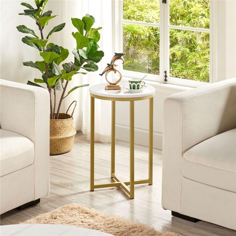 Gold Metal MDF Mermer Desenli Yuvarlak Yan Sehpa-41x41x61 cm - 111633