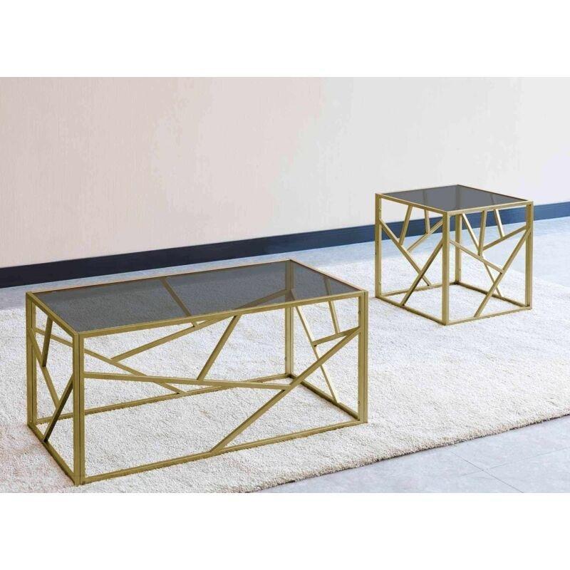 Gold Metal Temperli Cam Kare Yan Sehpa-50x50x50 cm - 111991