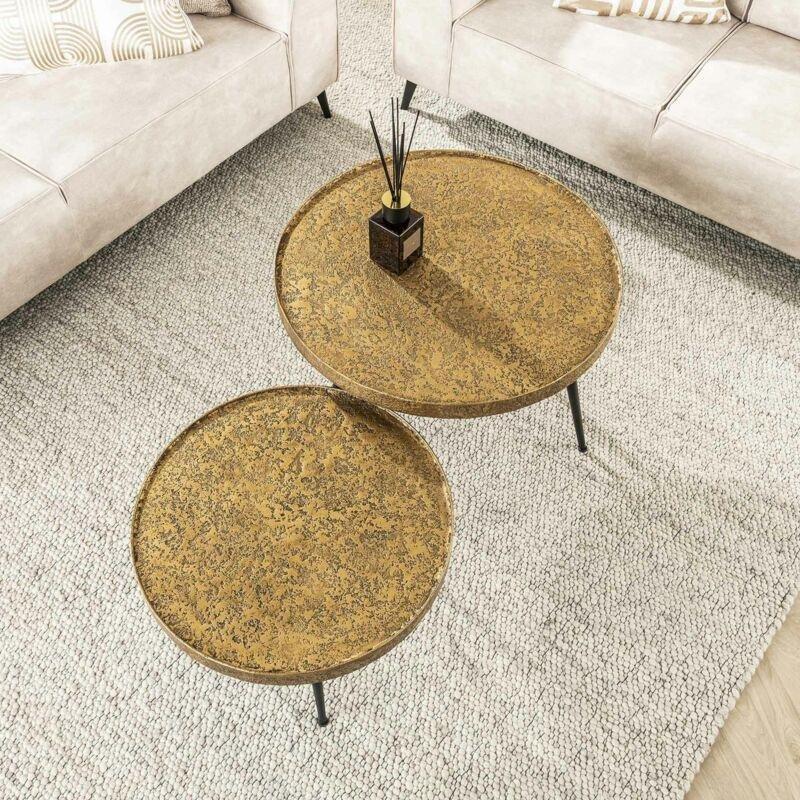 Gold Metal Zigon Sehpa 74 cm Yuvarlak 2'li Set - 107365