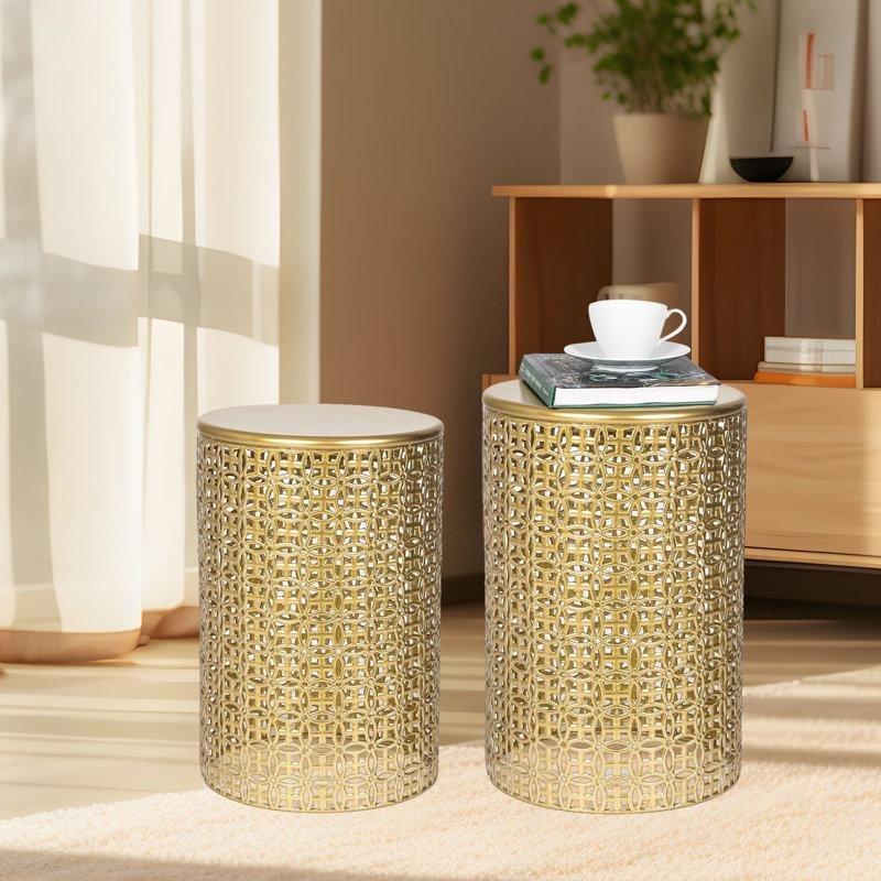 Gold Yuvarlak Metal Pirinç Zigon Sehpa 48x35x35 cm 2'li Set - 108541