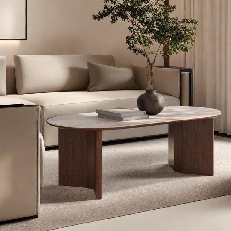 Granit Üstü Oval Orta Sehpa 120x58 cm Bej Endüstriyel Ahşap Ayaklı - 104341