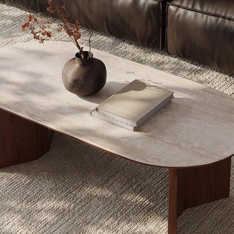 Granit Üstü Oval Orta Sehpa 120x58 cm Bej Endüstriyel Ahşap Ayaklı - 104341